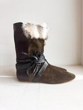 Isabel Marant Olive Green Suede Boots with Fur Trim 40